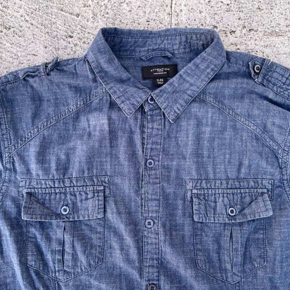 Attention Men Casual Shirt Button Up Blue Denim Long Sleeve Modern Fit Shirt Siz - Picture 3 of 9